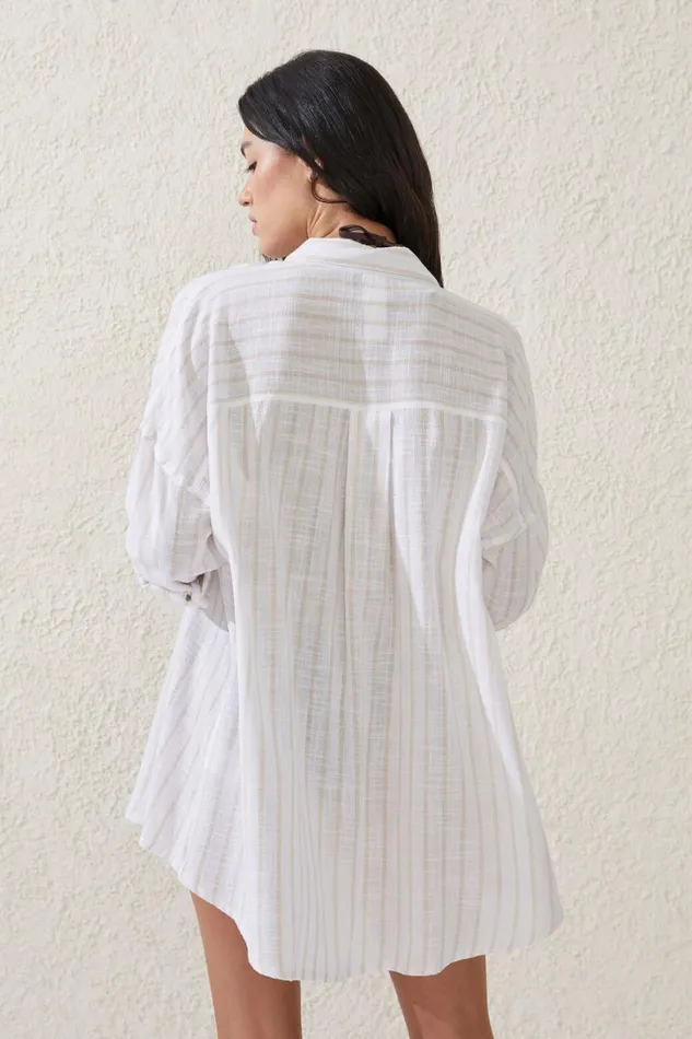 Women Tops Cotton On Swing Beach Shirt Natural Stripe