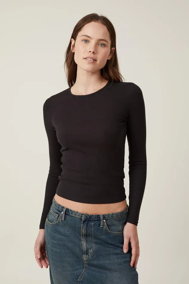 Women Tops Cotton On The One Organic Rib Crew Long Sleeve Top Black