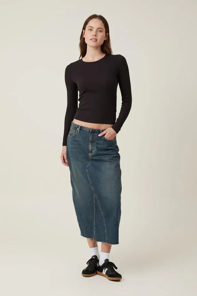 Women Tops Cotton On The One Organic Rib Crew Long Sleeve Top Black