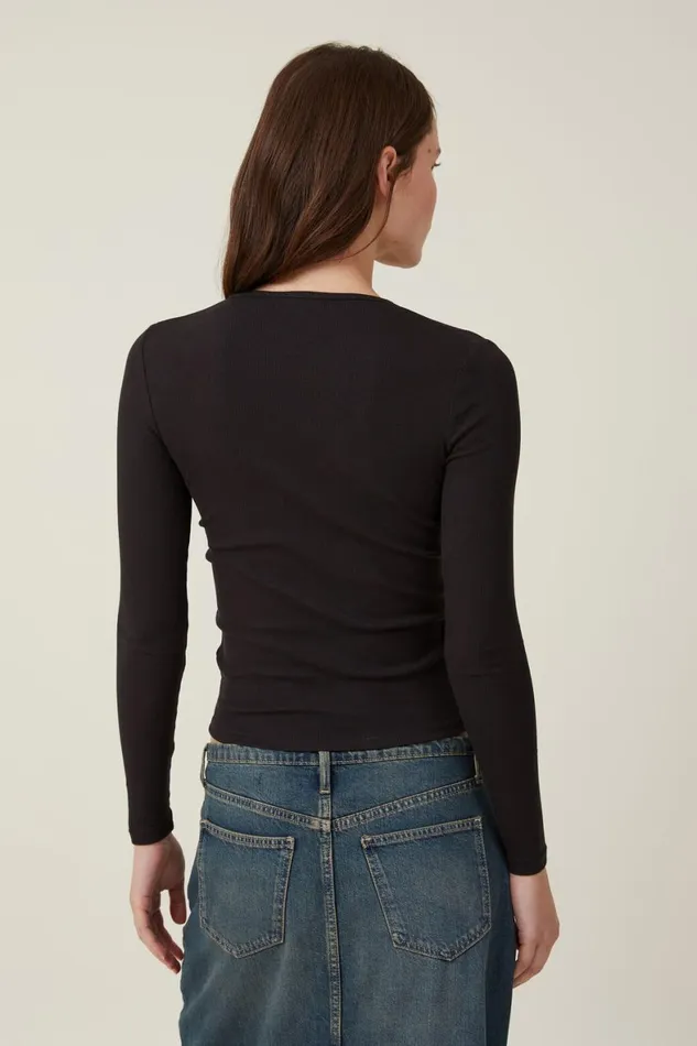 Women Tops Cotton On The One Organic Rib Crew Long Sleeve Top Black