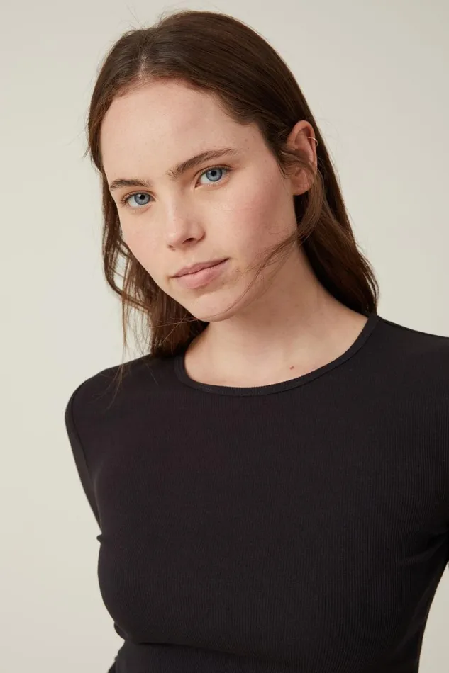 Women Tops Cotton On The One Organic Rib Crew Long Sleeve Top Black