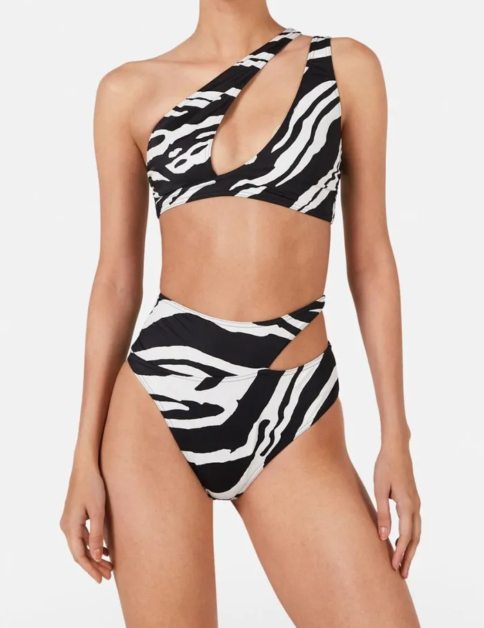 Women Zebra Print CutOut Bikini Top Blackivory Stella McCartney Swimwear