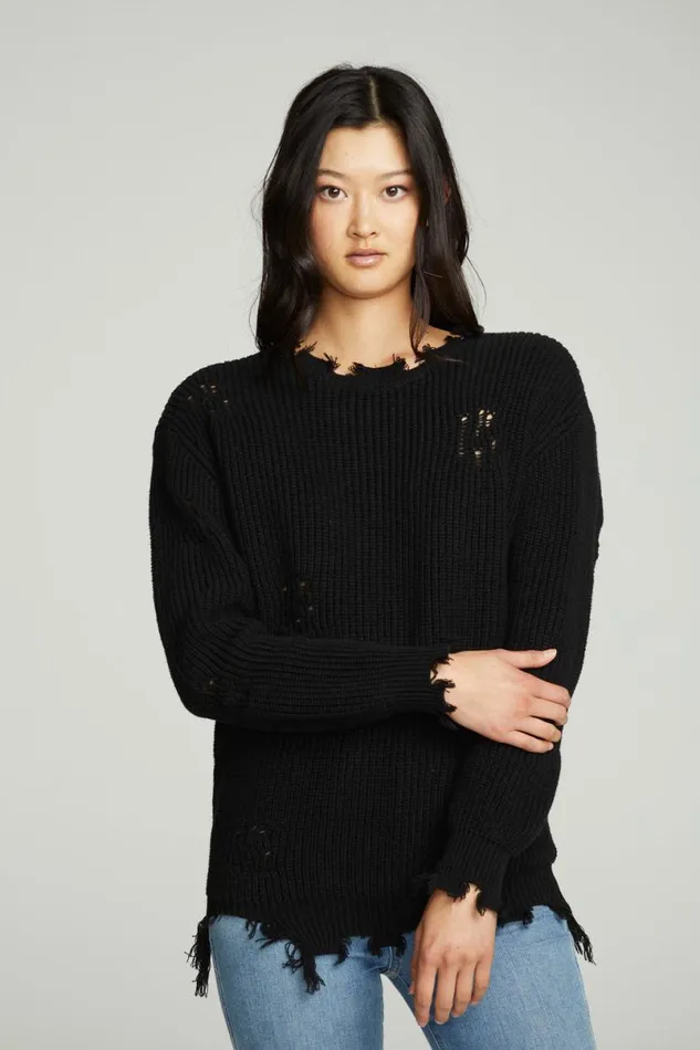 Womens Tops Chaser Brand Long Sleeve Crew Neck Deconstructed Sweater Pullover