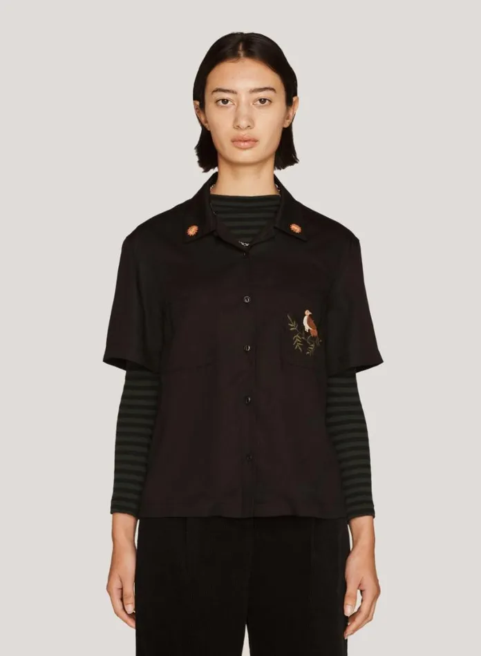 YMC Vegas Embroidered Short Sleeve Shirt Black Womens Shirts