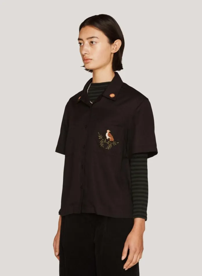 YMC Vegas Embroidered Short Sleeve Shirt Black Womens Shirts
